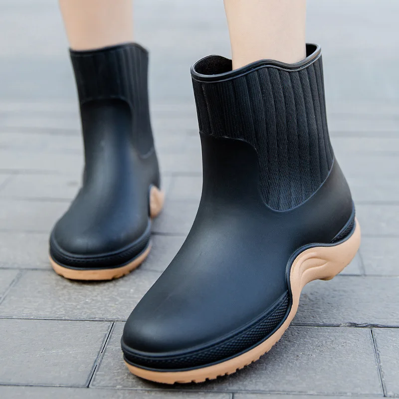 Women Mixed Colors Rain Boots Female Outdoor Non-slip Waterproof Work Water Shoes Winter Fashion Warm Rainboots