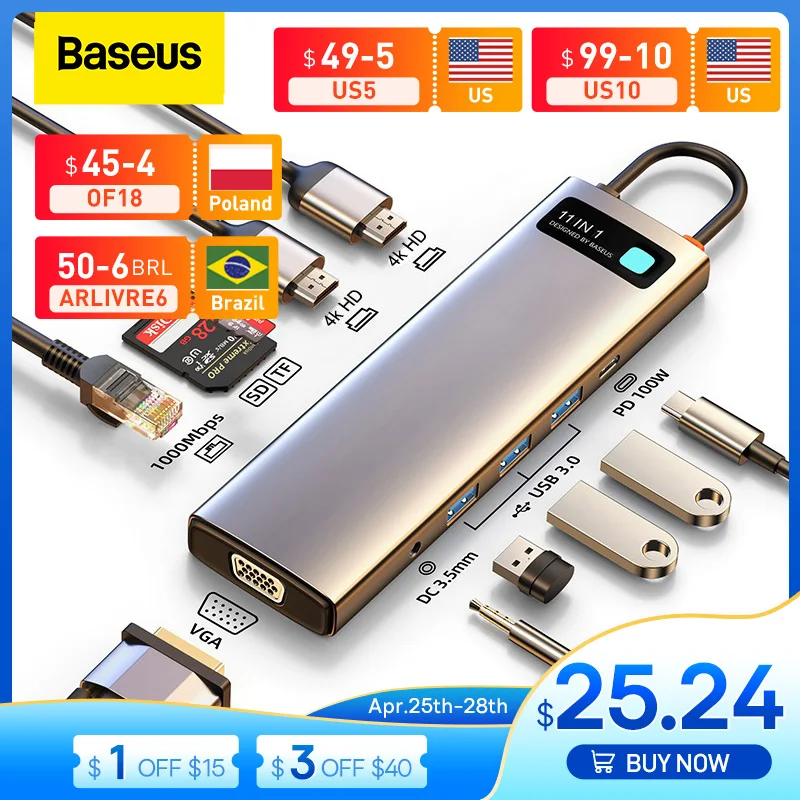 

USB-концентратор Baseus 3,0 в 1, совместимый с HDMI, VGA, USB 9/11