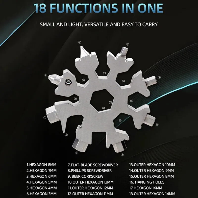 18 in 1 Snowflake MultiTool Stainless Steel Multifunctional Tool Multipurpose Key Wrench