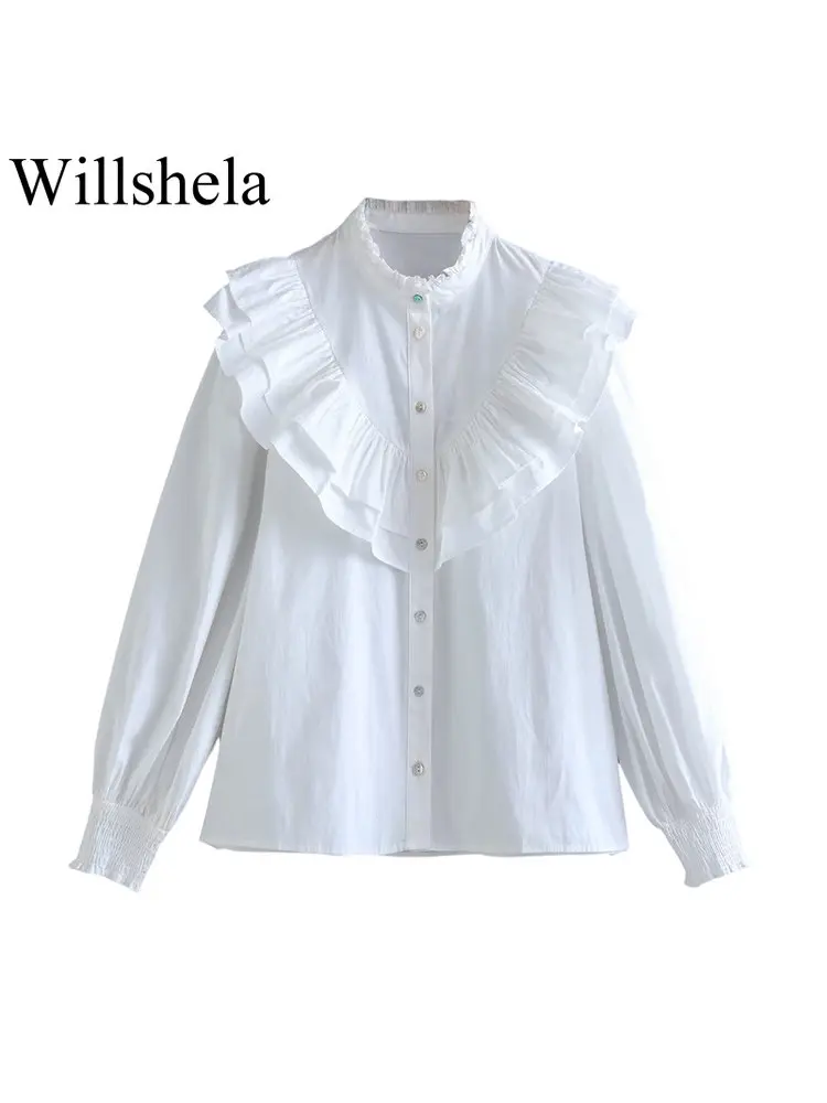 

Willshela Женская модная однотонная блузка Tierred, винтажная однобортная женская рубашка с круглым вырезом и длинными рукавами