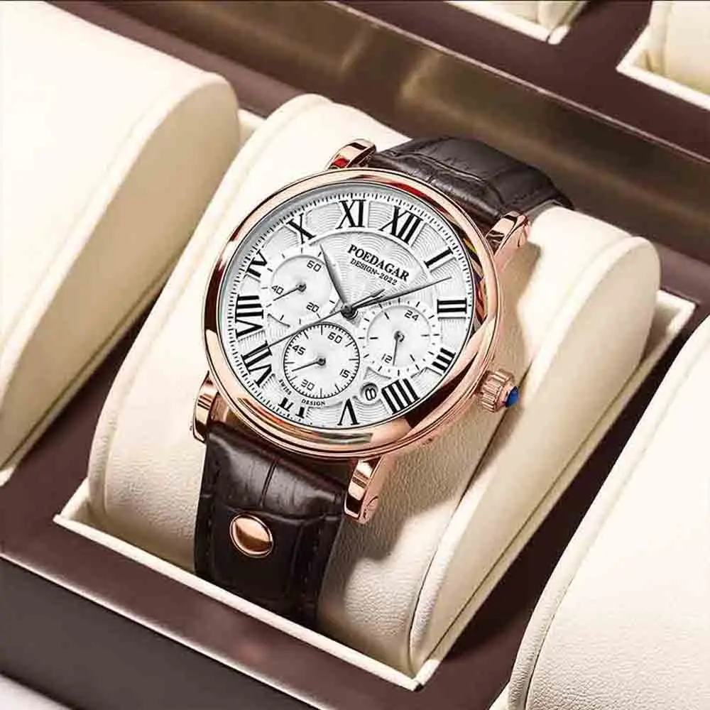

POEDAGAR Men Watch Fashion Chronograph Leather Quartz Watches Waterproof Luminous Sport Sport Men's Wristwatch Six Needle Watch