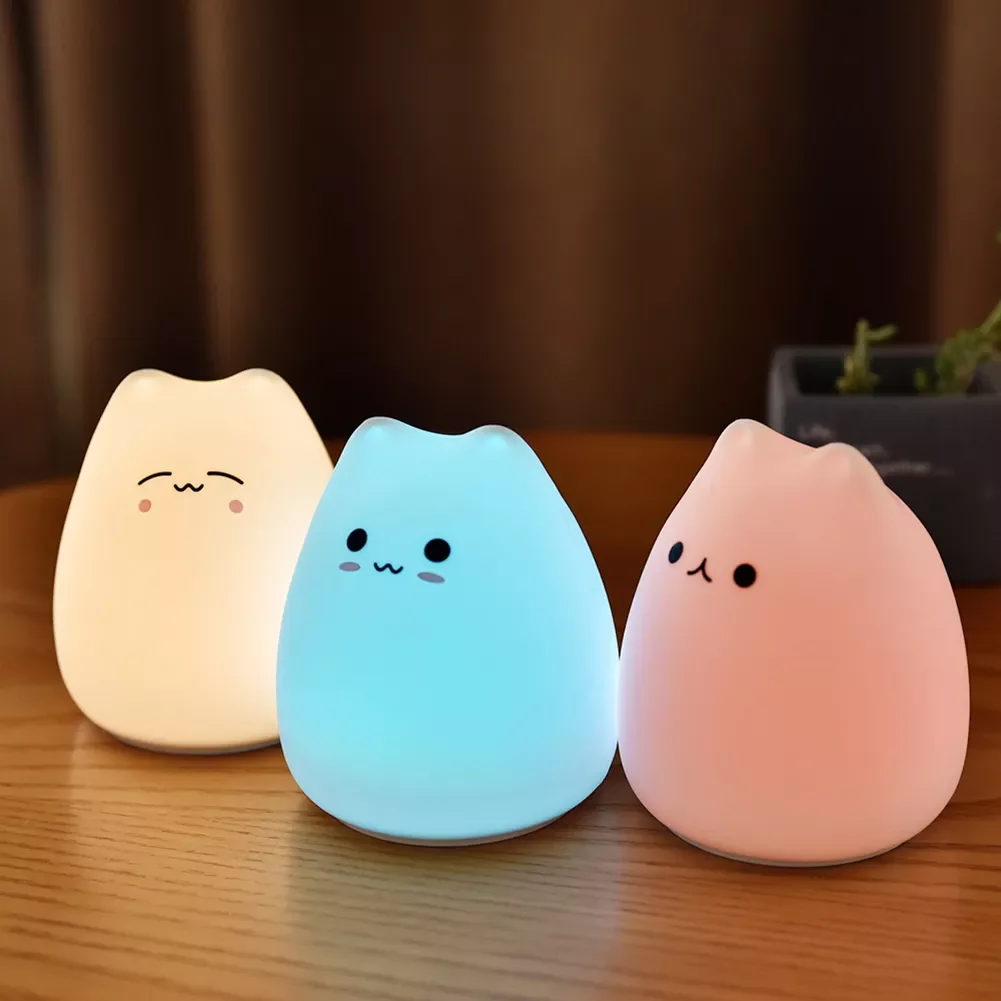 

NEW2023 LED Night Light Soft Cat Silicone Animal Touch Sensor Pat Lamp Mini Cute 7 Color Changing for Kids Baby Bedroom Desktop
