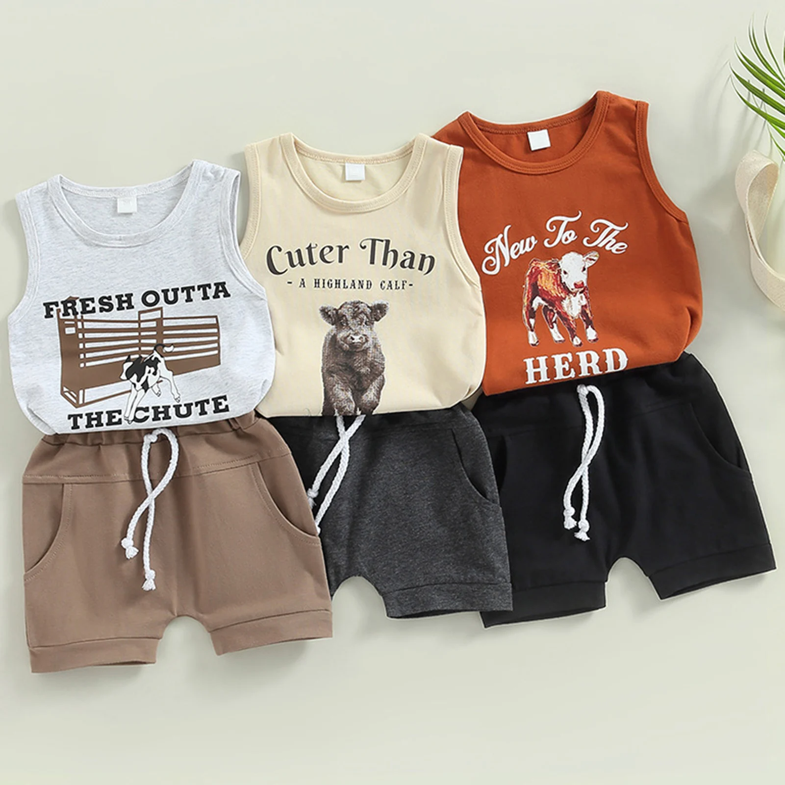 

Летний комплект одежды для маленьких мальчиков с круглым вырезом и принтом, милый жилет + однотонные шорты, детская одежда, костюмы