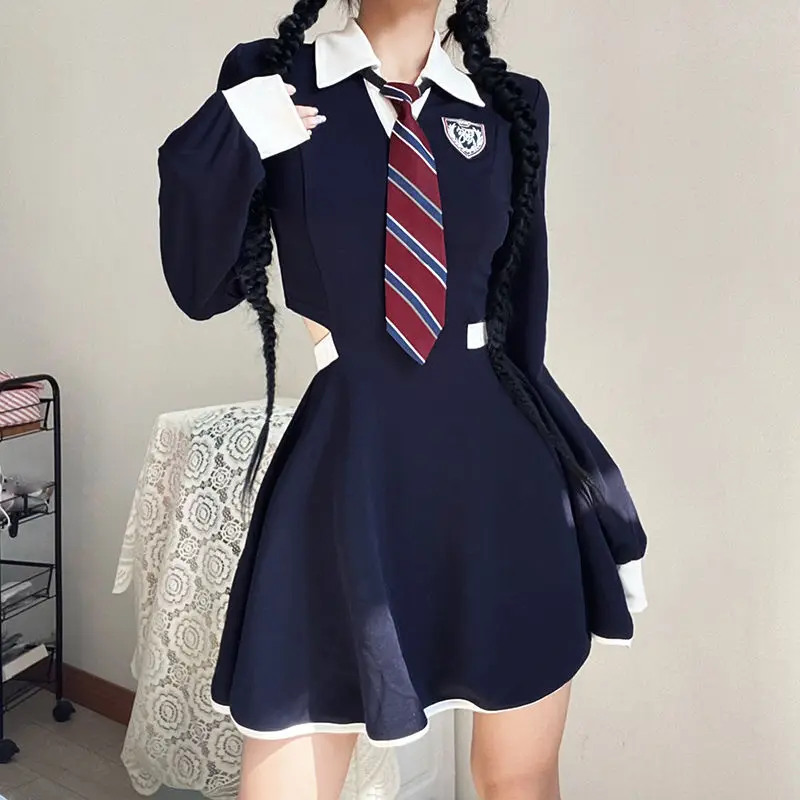 

HOUZHOU Vintage Long Sleeve School Dresses Women Preppy Korean Fashion Streetwear A-line Blue Short Dress Aesthetic Harajuku