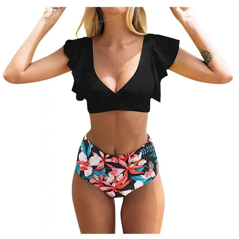 

High Waist Ruffled Bikini Set 2022 Sexy Flounce Biquini Swimwear Women Two Pieces Swimsuit Floral Beachwear V-neck Bathing Suit