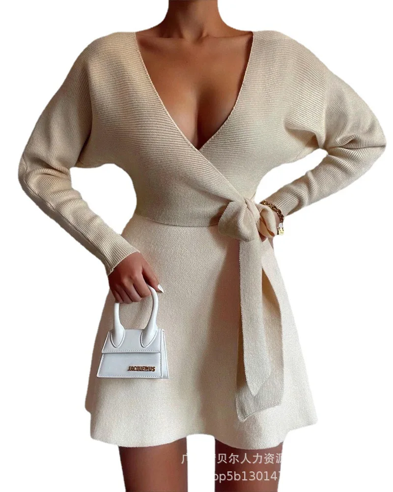 

V Neck Sexy Woolen Skirt Spring Summer Batwing Sleeve Tied Detail Knit Sweater Dress New Cross Solid Color Sashes