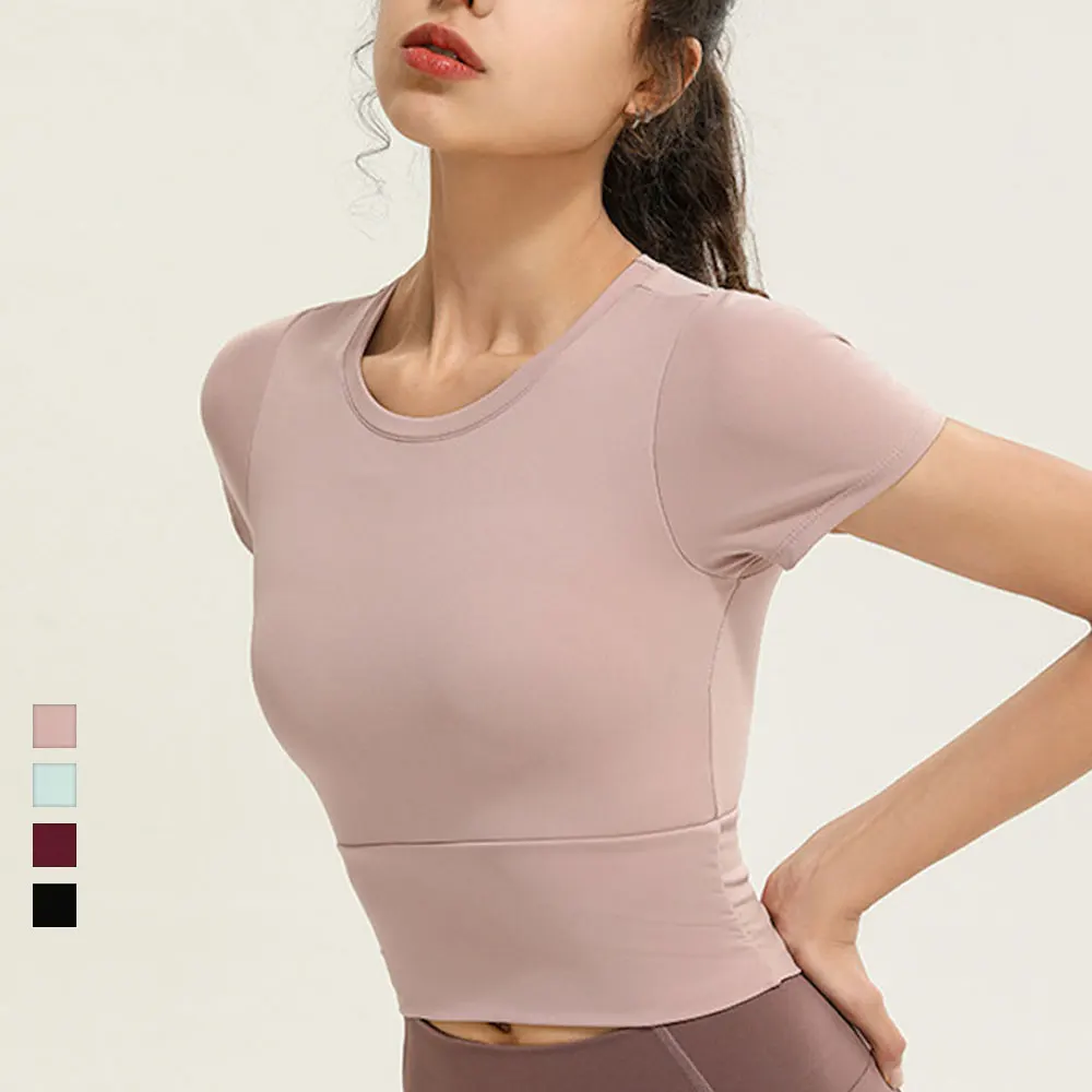 

2021 New Women Gym Crop Tops Yoga Top with Chest Pad Women's Short Yoga Shirt Tight-fitting Sexy Slim Short-sleeved Fitness Suit