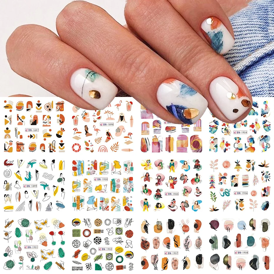 12pc Abstract Summer Waterdecal Nail Slider Sexy Lady Face Lines Leaves Stickers For Nails Art Manicure Decoration BEBN1897-1908 - купить по