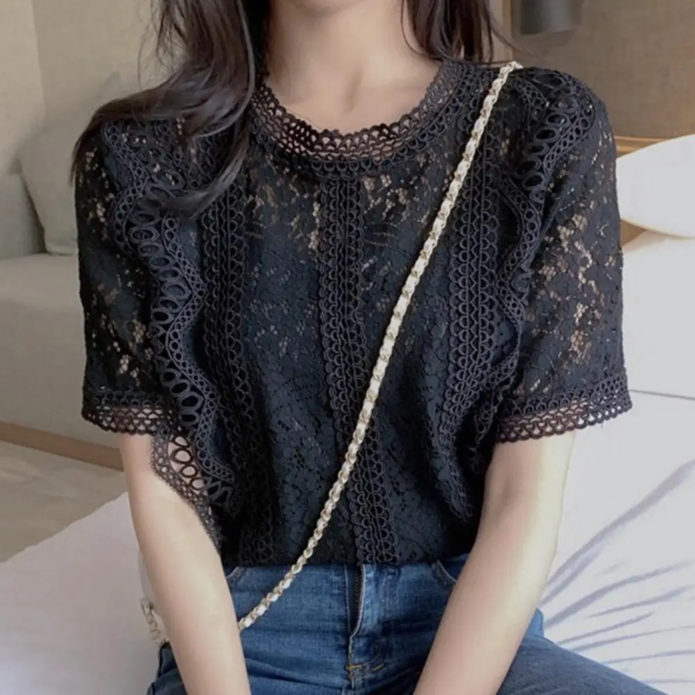 

Sweet Shirt Soft Fabric Thin Skin-touching Casual Lace Hollow Out Elegant Shirt Pullover Top Female Clothing