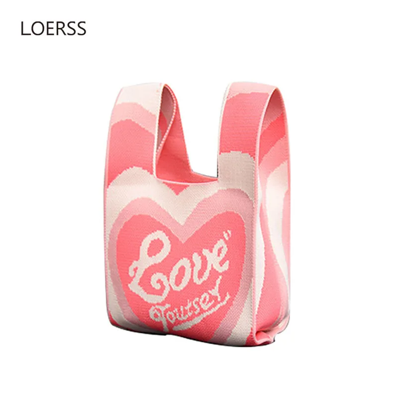 

LOERSS Knitted Mini Handbag Women Personalized Versatile Contrasting Colors Shopping Bag Japanese Reusable Top-Handle Bags