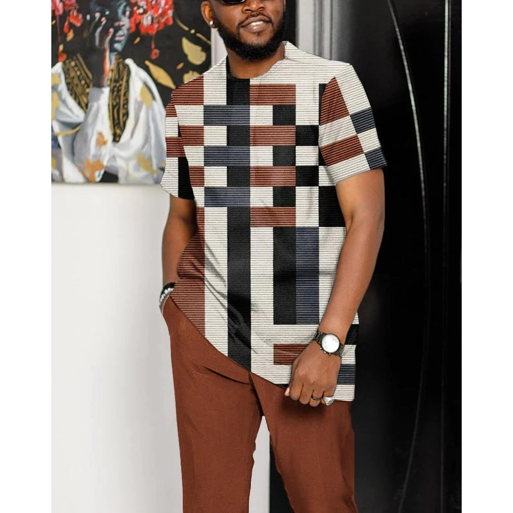 Summer Tracksuit Suit Oversized T Shirt Trousers Fashion Striped 2 Piece Set For Men Short Sleeve and Pants Casual Streetwear