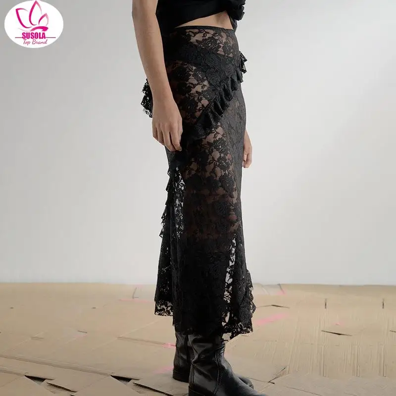 Сексуальная Прозрачная Кружевная Женская юбка SUSOLA черная Цветочная с высокой