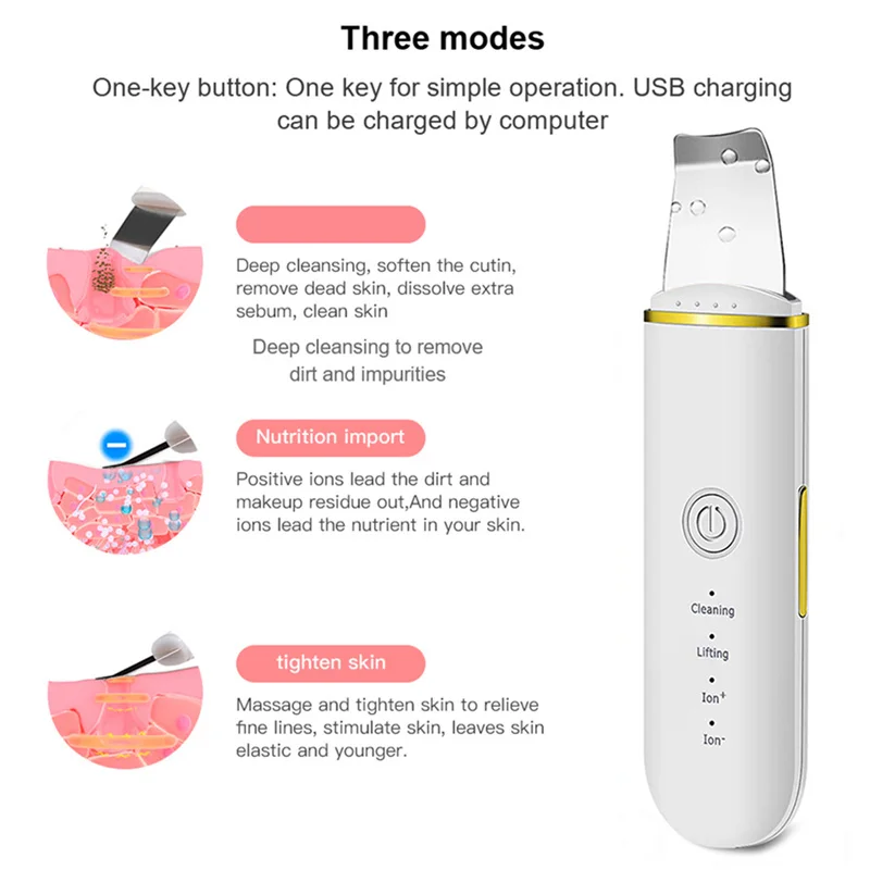 Ultrasonic Ion Cleansing Blackhead Removers Skin Scrubber In Face Peeling Shovel Facial Pore Cleaner Machine Beauty Tools | Красота и