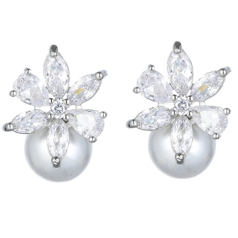 

Fashion Cute Exquisite Flower Stud Pearl Crystal Earings White AAA Zircon For Women Jewelry Wedding Party Gifts