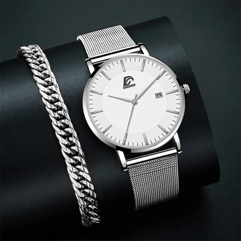

Luxus Silber Herren Uhren Edelstahl Mesh Gürtel Quarz Armbanduhr Männer Kalender Minimalistischen Stil Silber Armband Uhr
