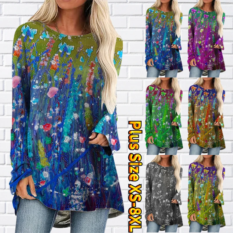 

2022 Autumn Winter Women Abstract Print Pullover Daily Street Round Collar Slim Loose Long Sleeve Ladies Retro Casual T-shirt