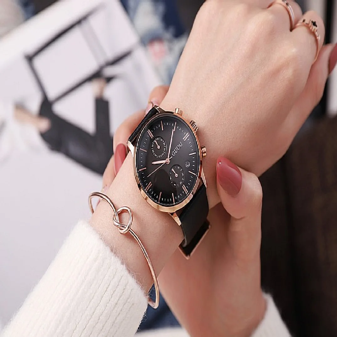 2018 GUOU Brand New Arrival Women Calendar Watches Luxury Quartz Watch Big Dial Genuine Leather Wristwatches