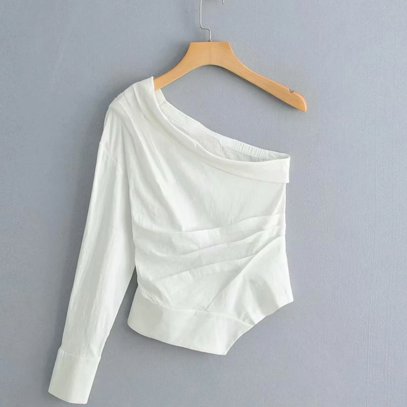 

New in 2022 women fashion solid color one shoulder pleated Shirt blouses women irregular hem white roupas femininas chemise shir