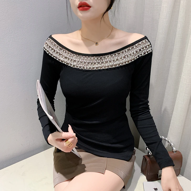 

Женская хлопковая Футболка с открытыми плечами, с длинным рукавом