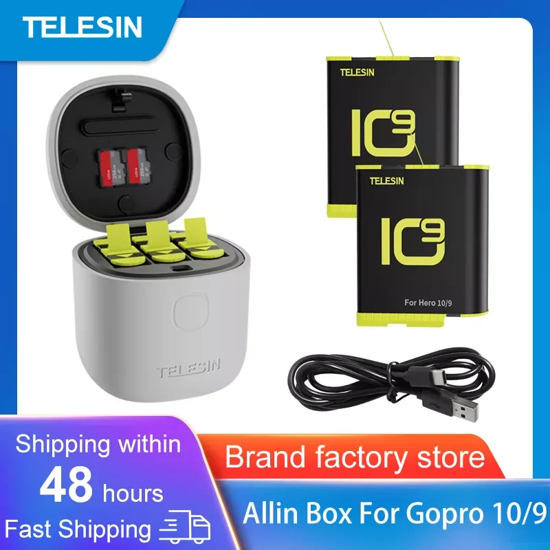 

TELESIN Allin Box Battery Charger 1750mAh for GoPro Hero 10 9 Black 3 Ways Fast Charging Storage Batteries Accessories Kit
