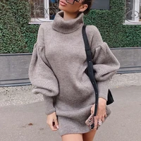 20021 autumn and winter womens temperament high neck knitted sweater dress lantern sleeve casual fashion european and american