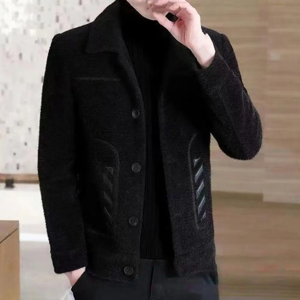 

Winter Jacket with Velvet Lining Thickened Slim Fit Men's Jacket with Lapel Design Side Pockets Classic Button-up Winter for Men