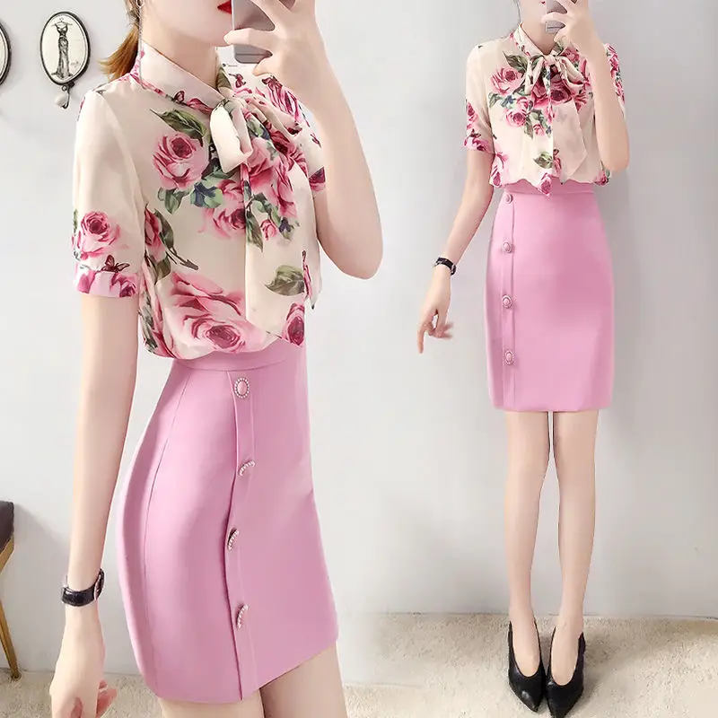 

Women 2022 Summer 2 Pieces Set Female Floral Print Shirts Blouses and High Waist Package Hip Pencil Skirts Office Lady Suit G36