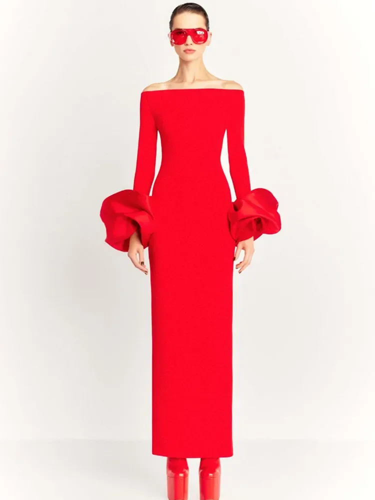 2024 Women Celebrity Sexy Off Shoulder Puff Sleeve Black Red Maxi Long Gowns Dress Elegant Evening Party Club Vestido