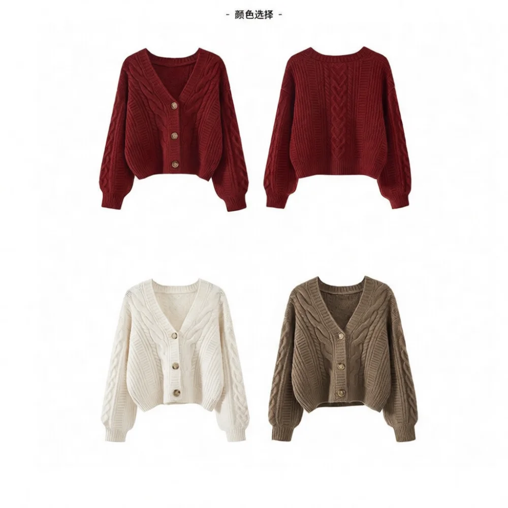 Фото Loose Fit Cardigan Women Sweater V Neck Vintage Twist Knit Long Sleeve Button Up Casual Autumn Winter Outerwear New Tops №1