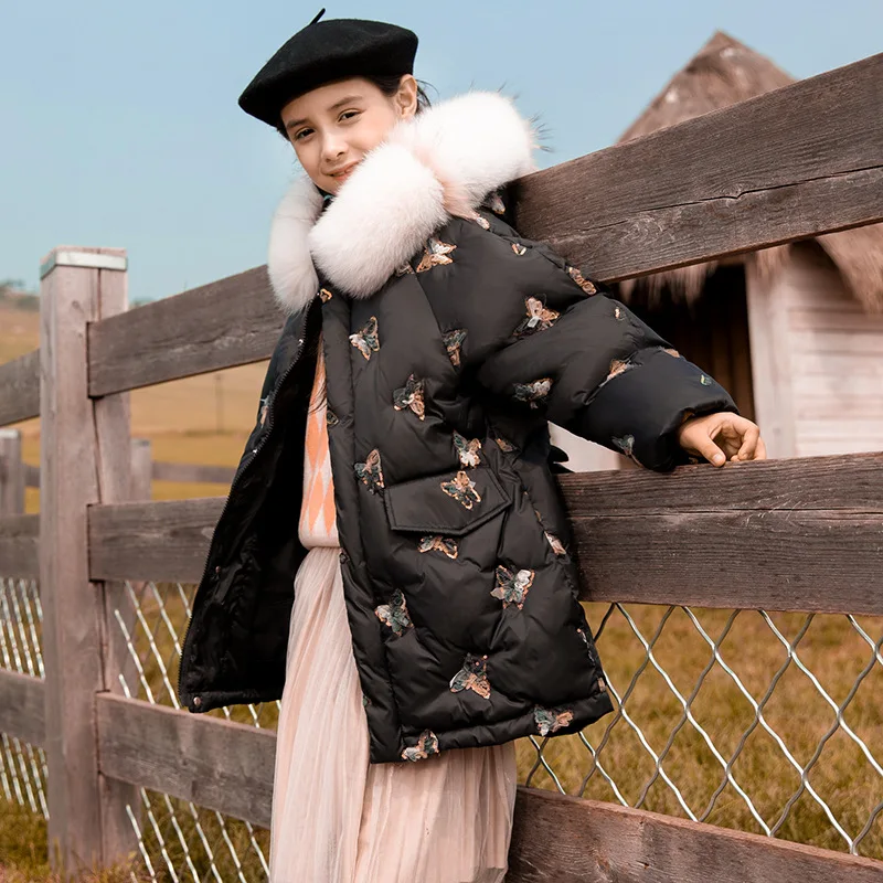 

White Duck Down Coats Mid Length Girls Hooded Outwear Emboridery Butterfly Warm Puffer Jackets Winter Children Clothes TZ425