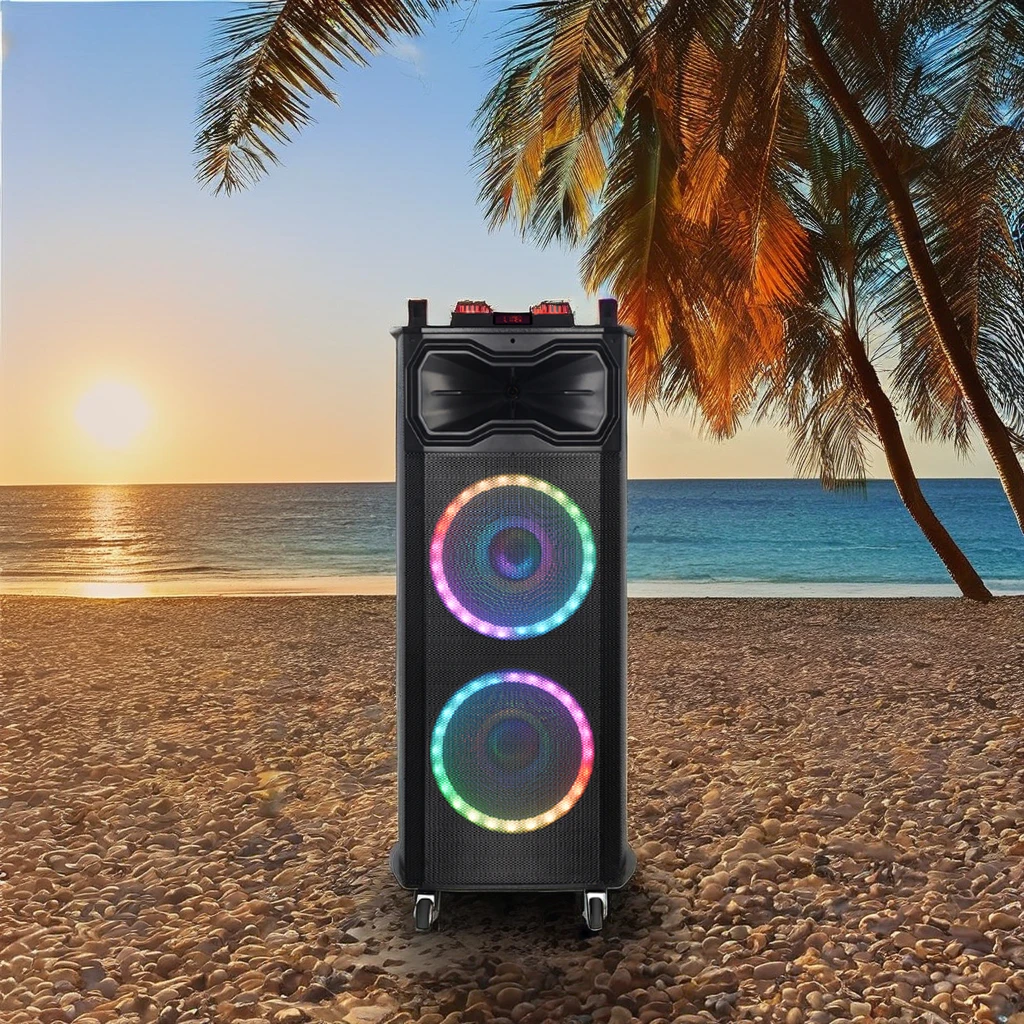 Фото NDR-1218 100 Вт, двойной 12-дюймовый динамик с RGB-подсветкой для караоке-системы, портативная акустическая система для вечеринок, 2 микрофона, для больших уличных сцен, с батареей, подключение к мобильному телефону. №1
