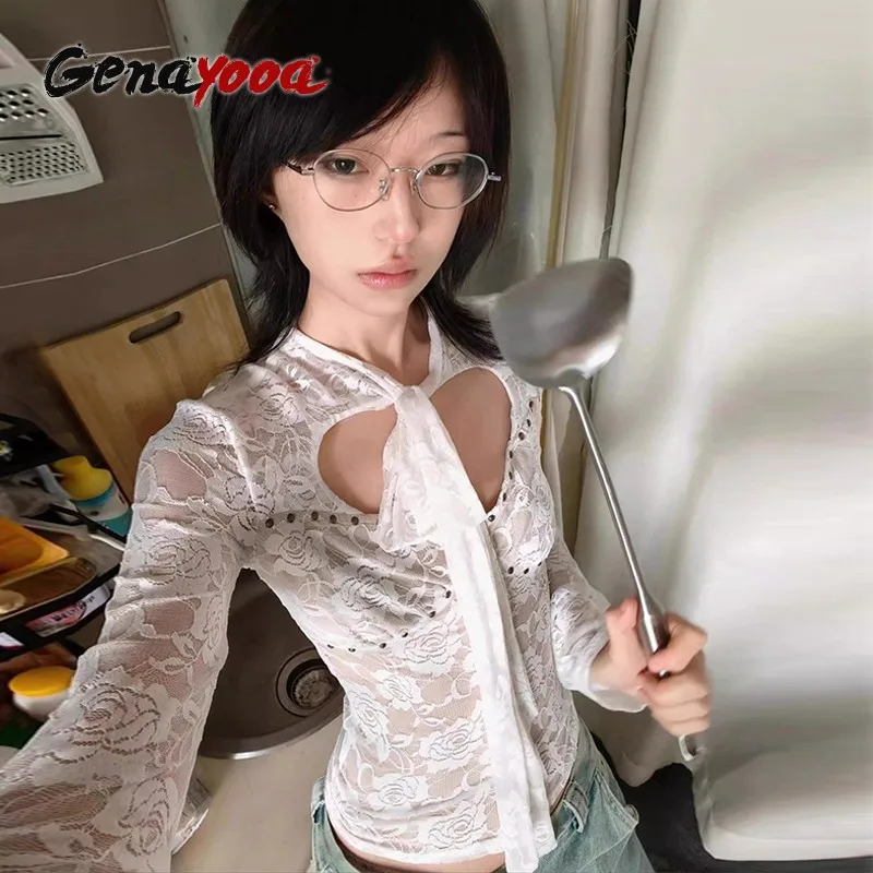 Genayooa Harajuku Кружевная футболка Женские укороченные топы на шнуровке Y2k Винтажные