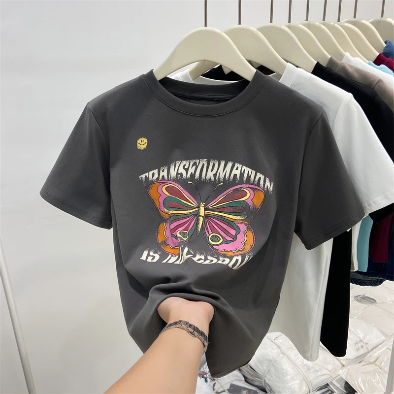 Футболка женская с коротким рукавом и круглым вырезом базовый топ принтом