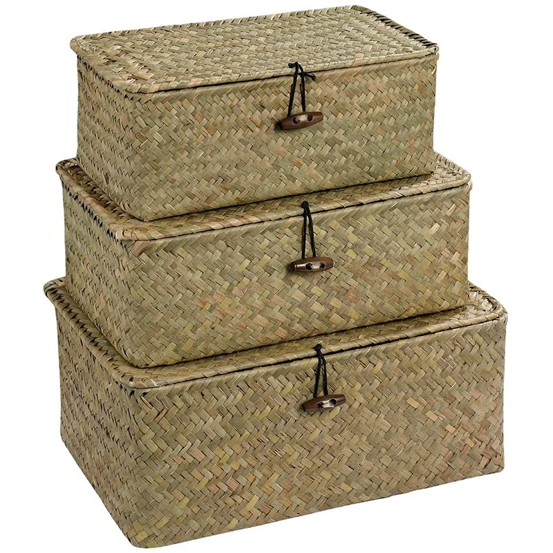 

Rattan Storage Basket Makeup Organizer Multipurpose Container with Lid (S/M/L)
