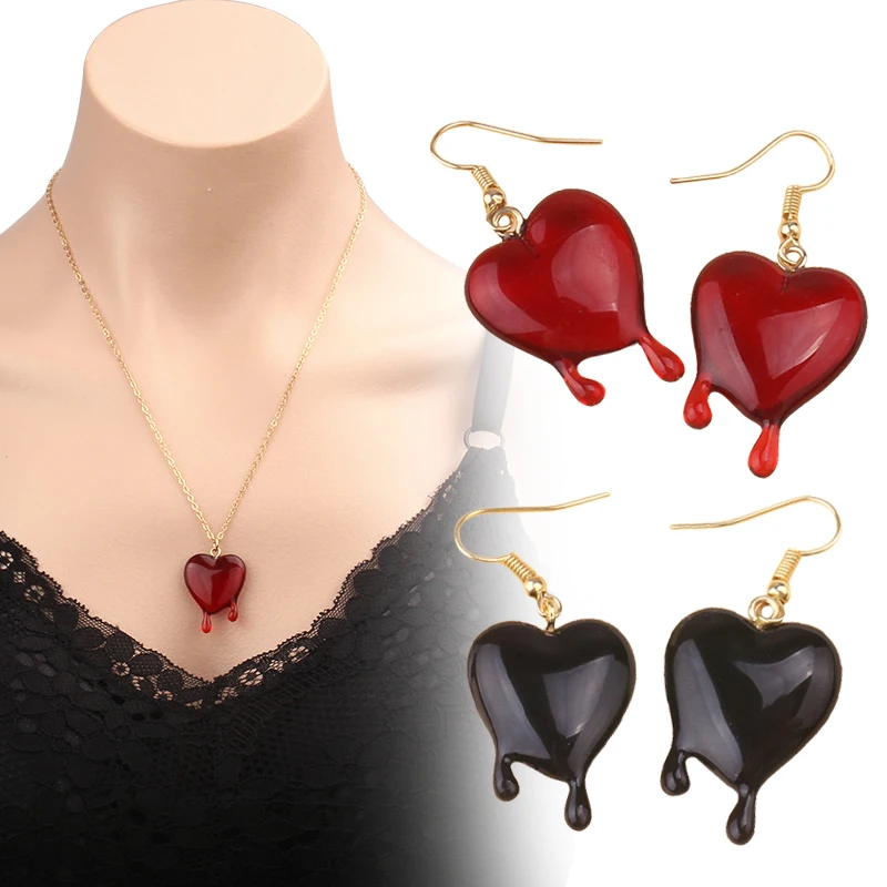 

Halloween Personality Red Peach Heart Clavicular Chain Love Dropping Blood Necklace Earrings Women Eardrop Gothic Jewelry Gift