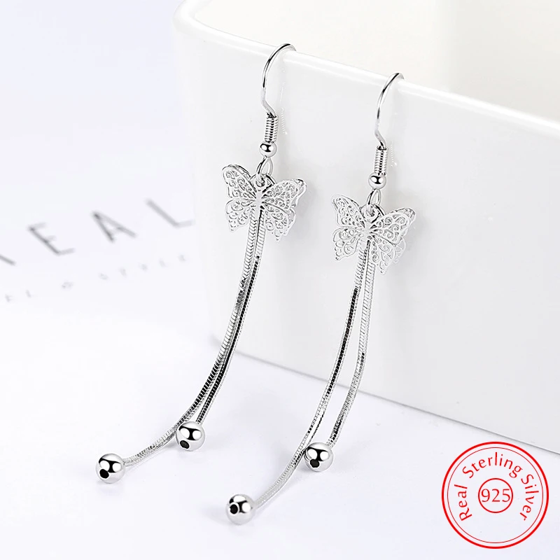 

Genuine 925 Sterling Silver Woman's Fashion Jewelry New Long Chains Butterfly Drop Earrings XY0034