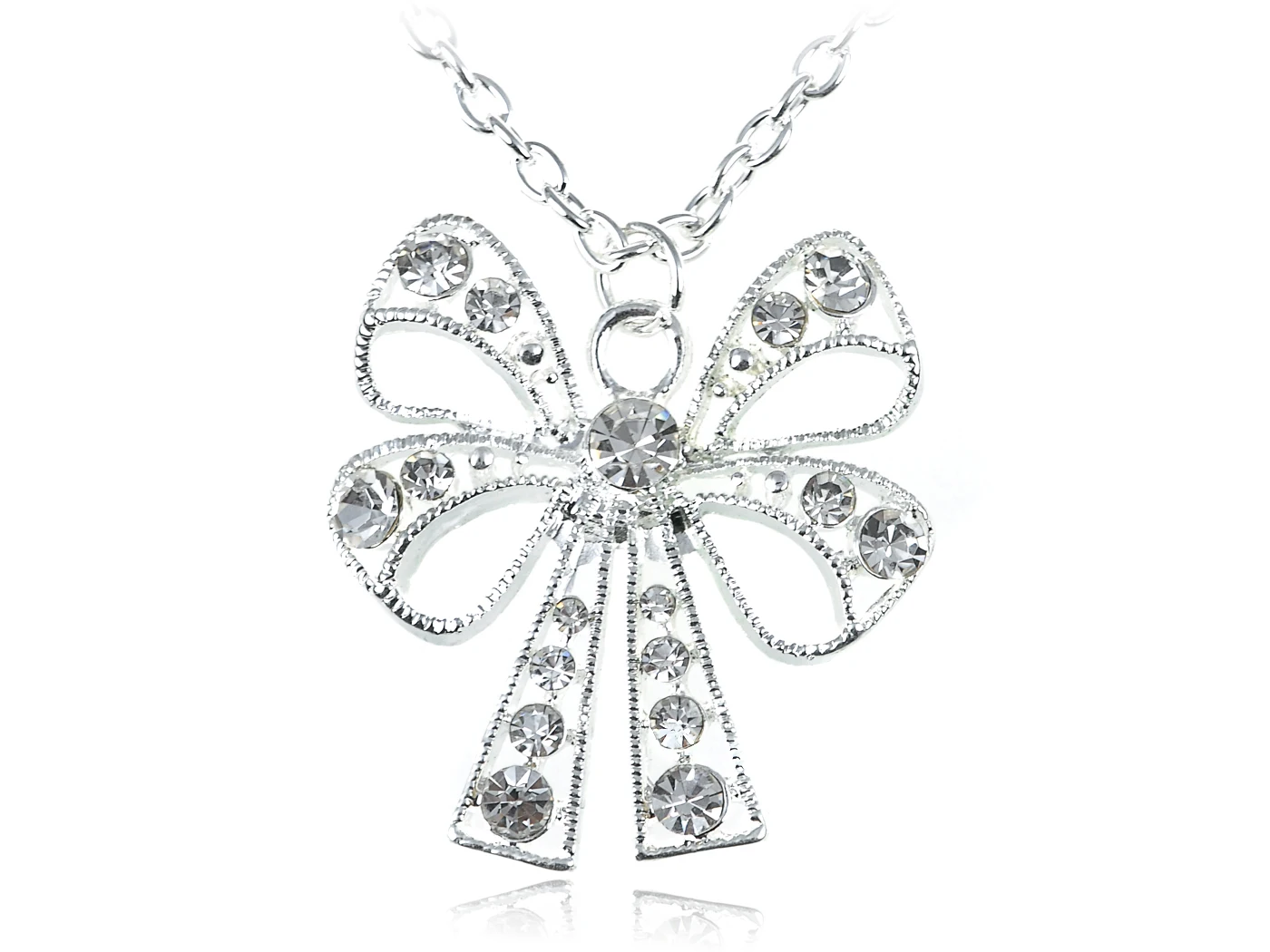 

Silver Tone Shine Clear Crystal Rhinestone Ribbon Bow Pendant Necklace
