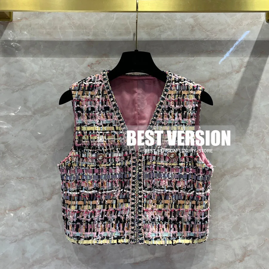 

Best Version Ribbon Woven Color Stripes Fabric Luxury Designer Silk Lining Vest Women Fashion Vest Coat Elegant Women Vests S-L