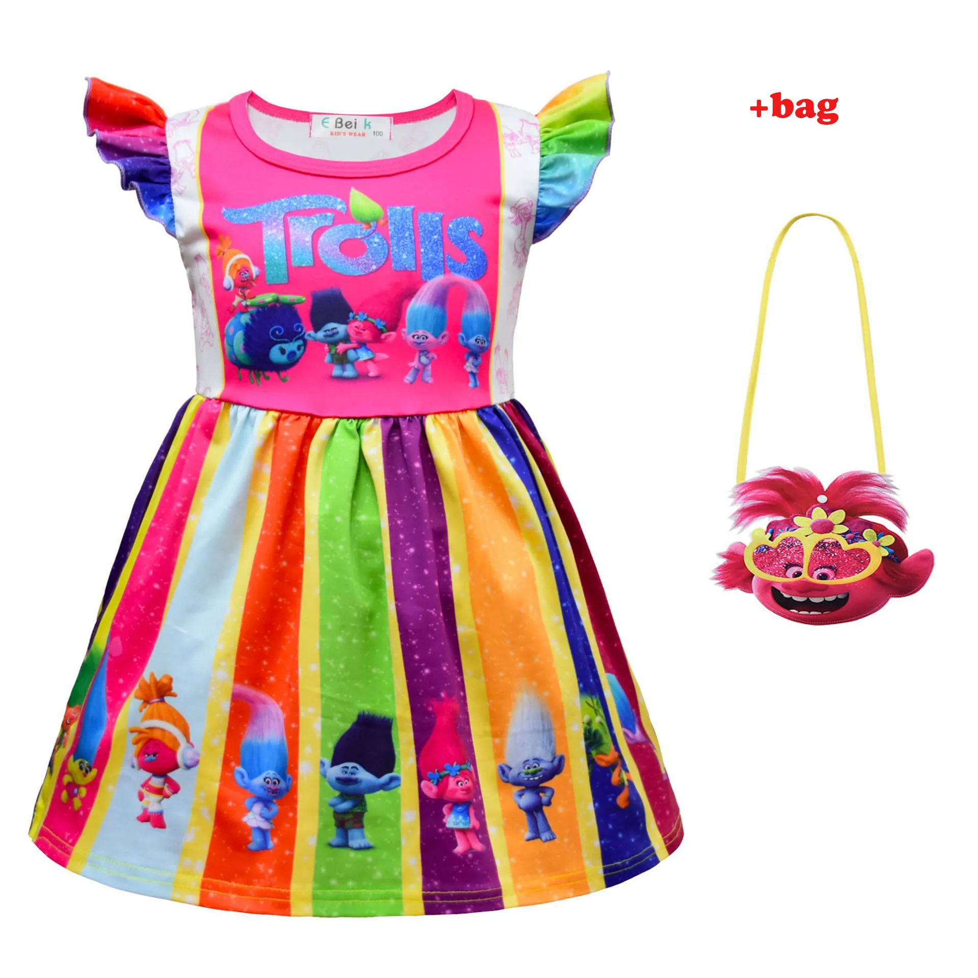 

New Kids Clothes 2023 Summer Girls Princess Dresses Trolls Cosplay Costume Children Birthday Party Clothing Fly Sleeve Dress+Bag