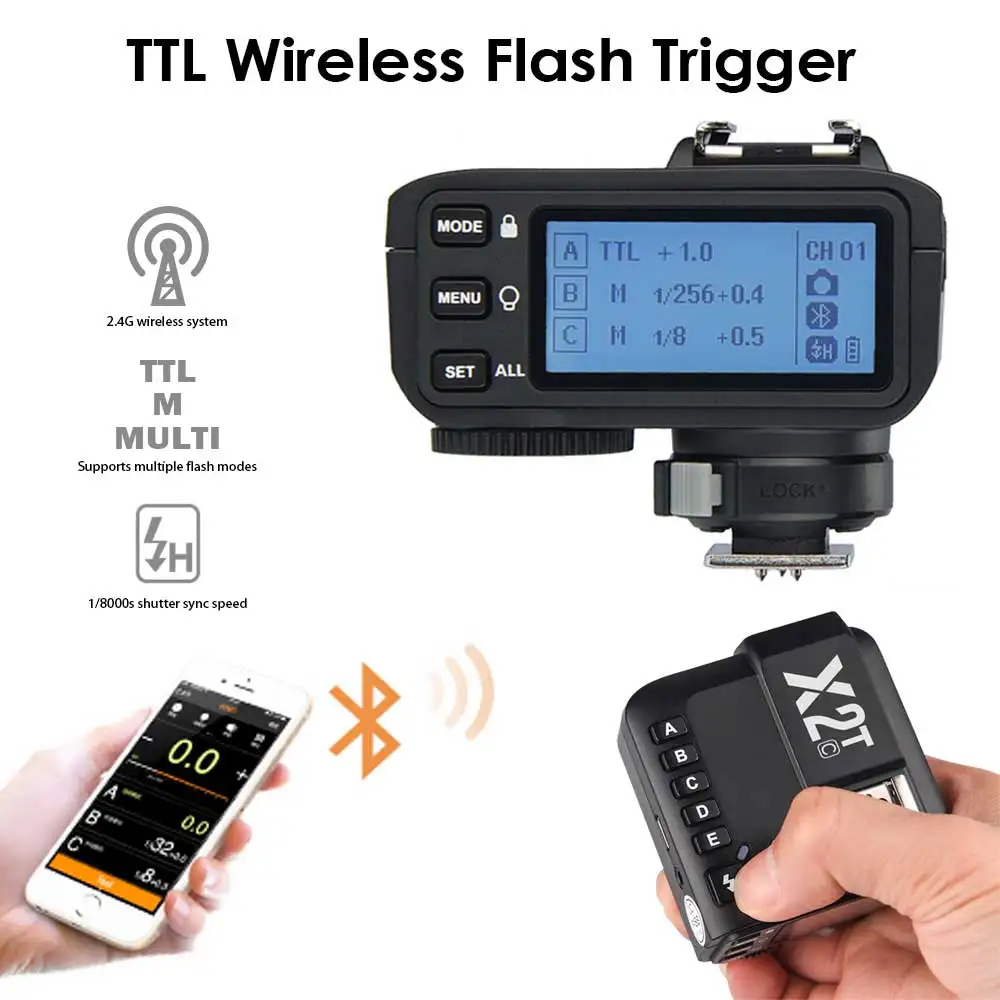 

TTL беспроводной триггер вспышки для Canon Nikon Sony Fuji Bluetooth соединение 1/8000s HSS 5 отдельных групповых кнопок переместить горячий башмак