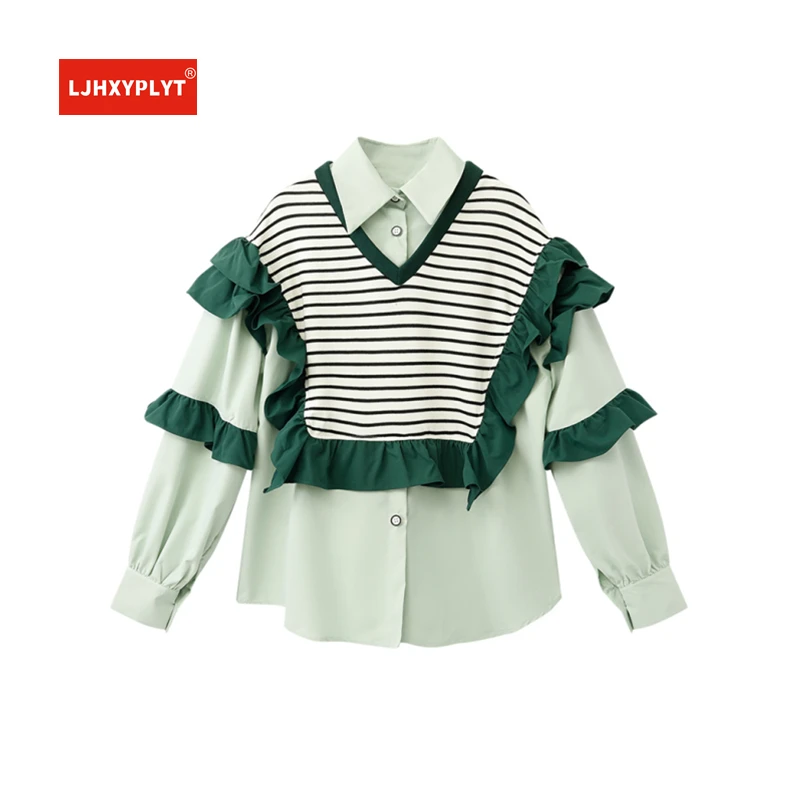 

Fake Two-piece Green Shirt Women's Spring Autumn Retro Horizontal Striped Knitted Stitching Ruffled Long-sleeved Blouse Female