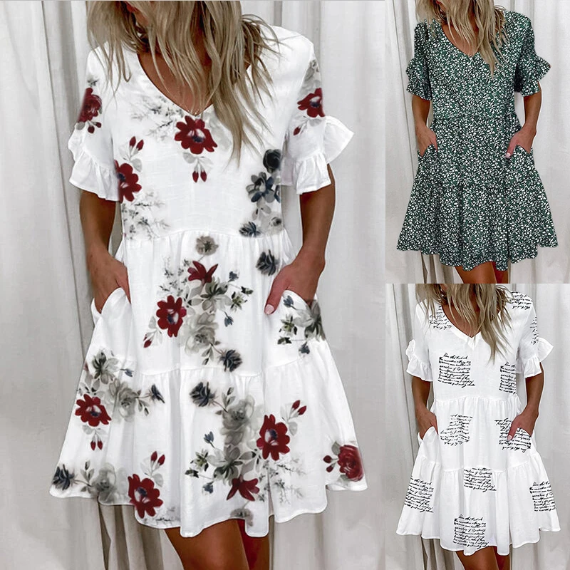 Женское короткое платье с принтом миди выше колена оборками и карманами мини