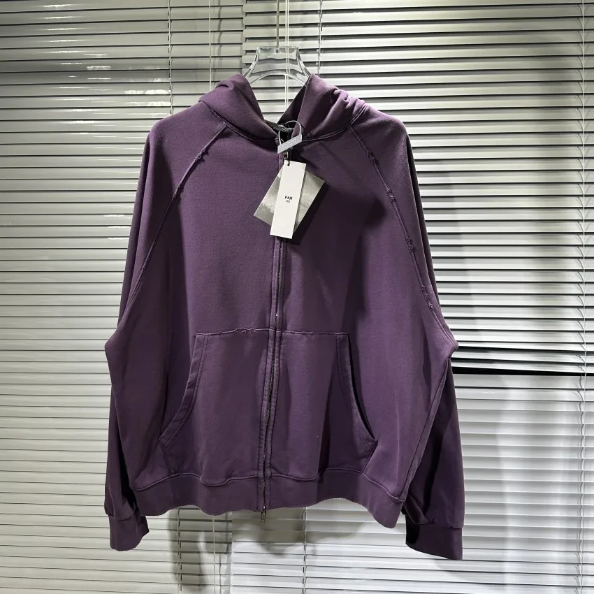 

Фиолетовый потертый кардиган с капюшоном на молнии с надписью FAR. Длинный архив, толстовка из плотной ткани для мужчин и женщин, пуловер в стиле унисекс, толстовка с капюшоном