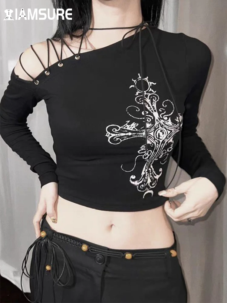 

IAMSURE Dark Bandage Hollow Out Cropped T Shirt Gothic Vintage Printed Skew Collar Long Sleeve Tees Women 2023 Autumn Spring