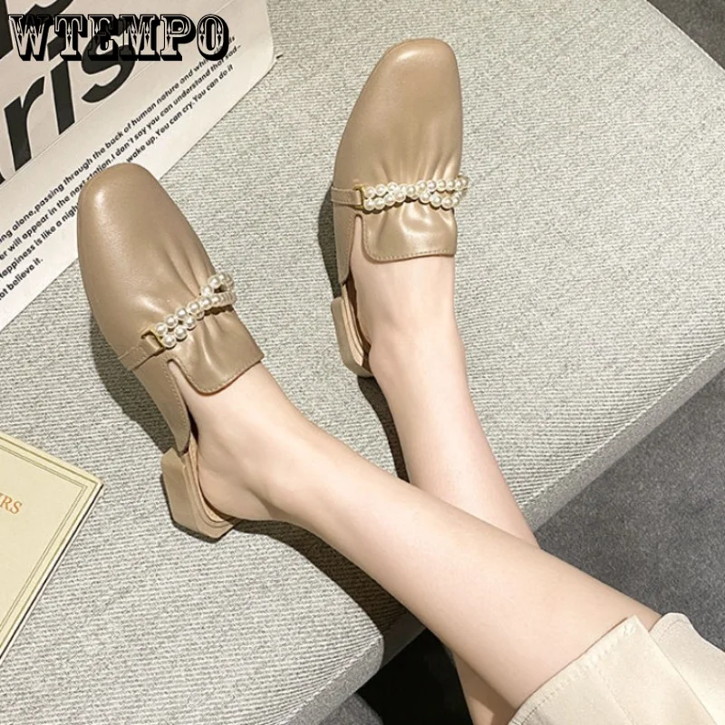WTEMPO Leather Sandals Summer Women Casual Slippers Fashion Wear Single Shoes Girl Pearl Square Heel Half Slippers Dropshipping