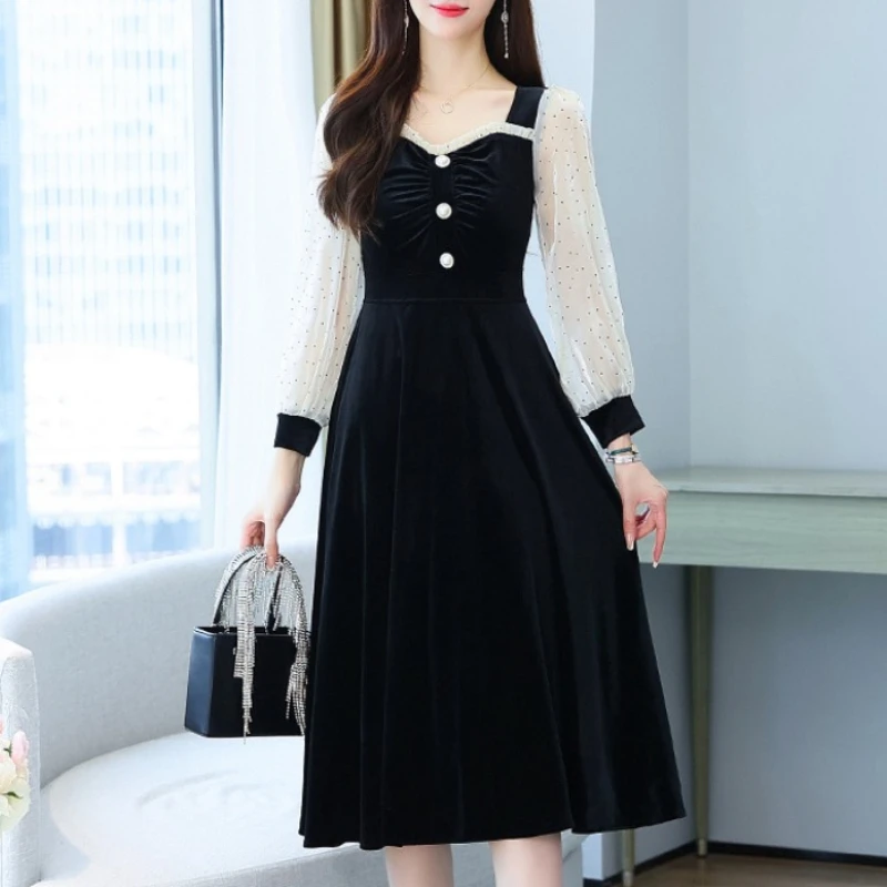 

Twicefanx черное весеннее Сетчатое бархатное платье в горошек с длинным рукавом модное темпераментное платье с V-образным вырезом для женщин макси 852C