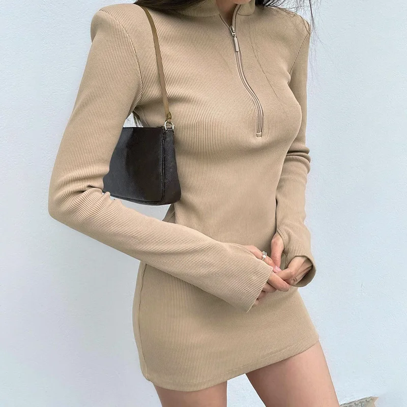 

Women's 2022 Fall Winter Fashion Turtleneck Zipper Long Sleeve Finger Stall Dress woman dress