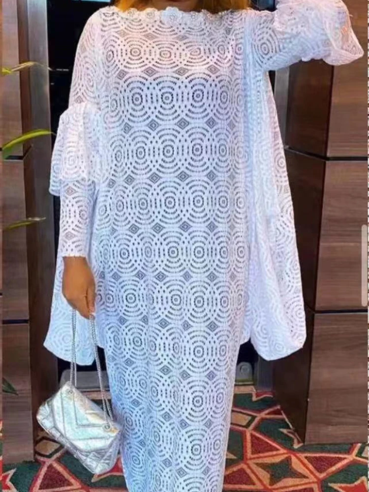 

Women White Lace Evening Dress Sexy Hollow Out Straight Long Robe Femme Elegant Long Sleeve See-though Formal Gowns Maxi