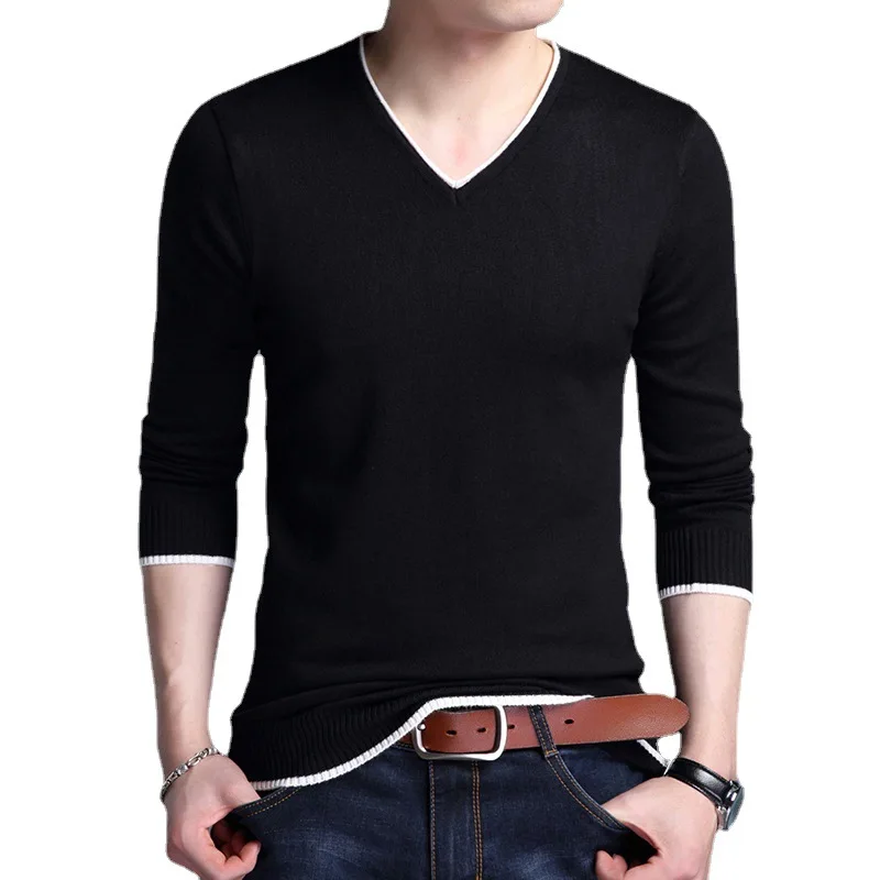 2023 New Fashion Brand Sweater Men V Neck Street Wear Tops Trending Mercerized Cotton Korean Long Sleeve Tee Men Clothing