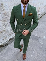 fashion double breasted men suit green two pieces slim fit high quality wedding costume party prom gold button male suits